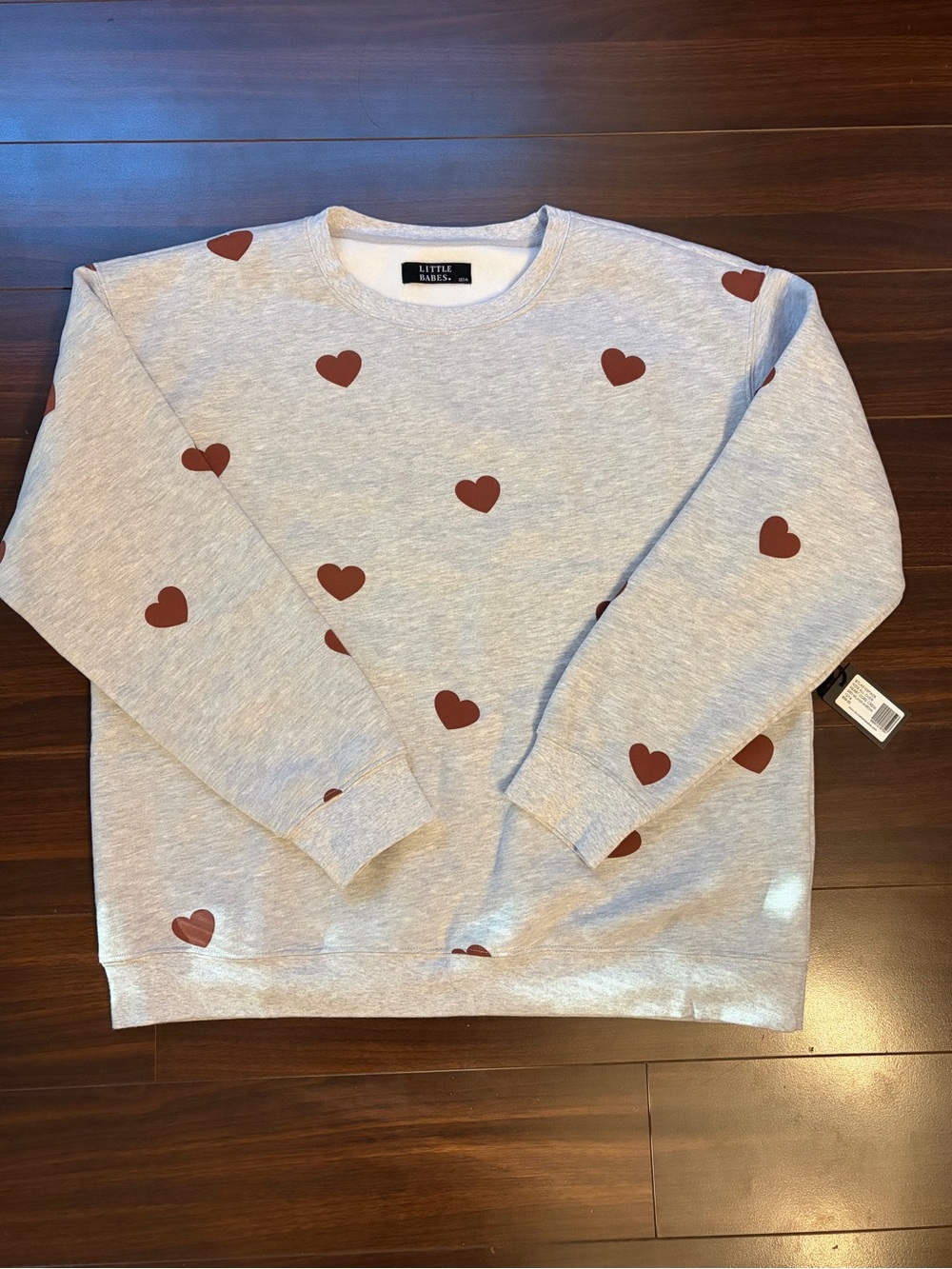 NWT Brunette The Label Crewneck w/ Brown/Mauve Hearts- Sz 12/14 (fits Women’s S)